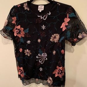 Embroidered Floral Mesh-Front T-Shirt